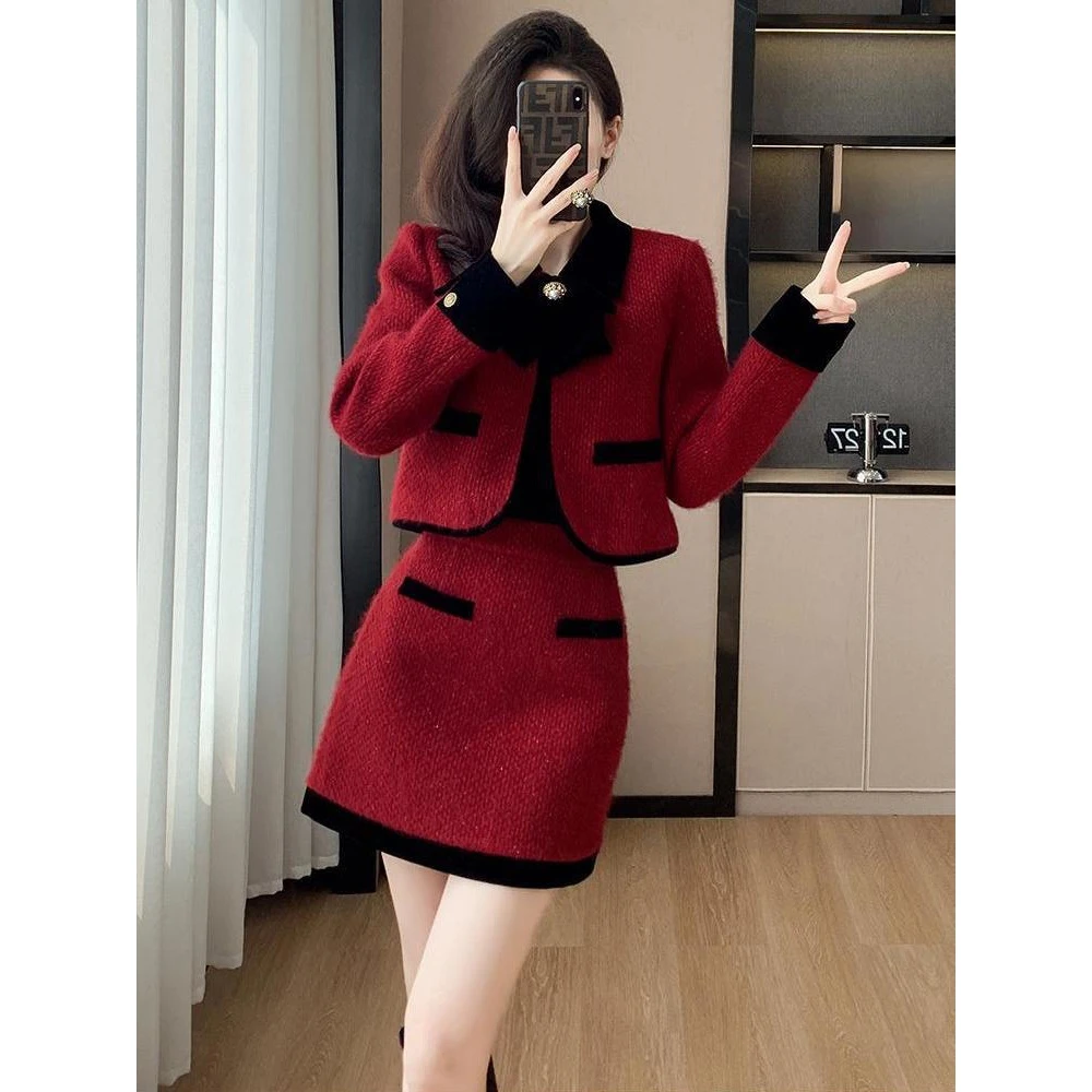 甜辣小香风爆款套装女2023新款夹棉毛呢短外套法式毛呢短裙两件套