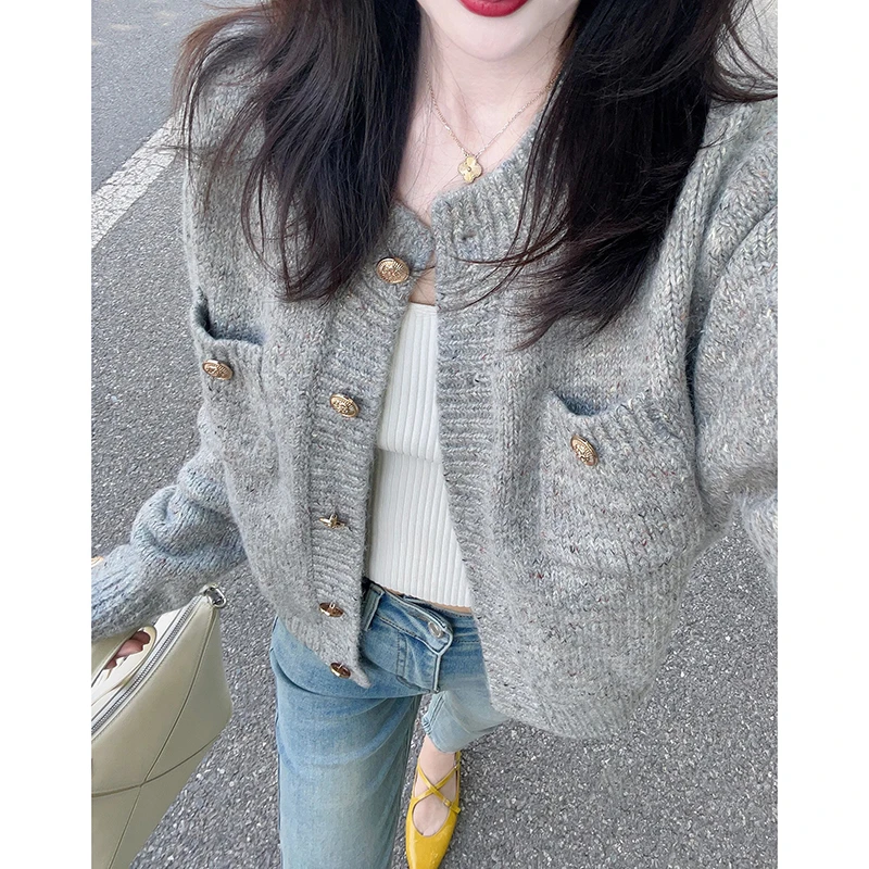 小香风灰色毛衣外套女装秋装网红款高级感洋气上档次长袖针织开衫