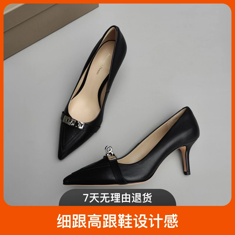 超爱了细跟高跟鞋设计感小众金属扣真皮工作鞋女法式猫跟尖头单鞋
