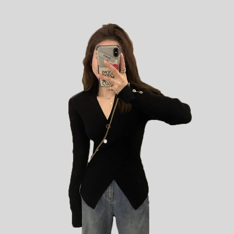 2023秋冬装新款女装打底衫别致独特高级感不规则上衣V领毛衣内搭