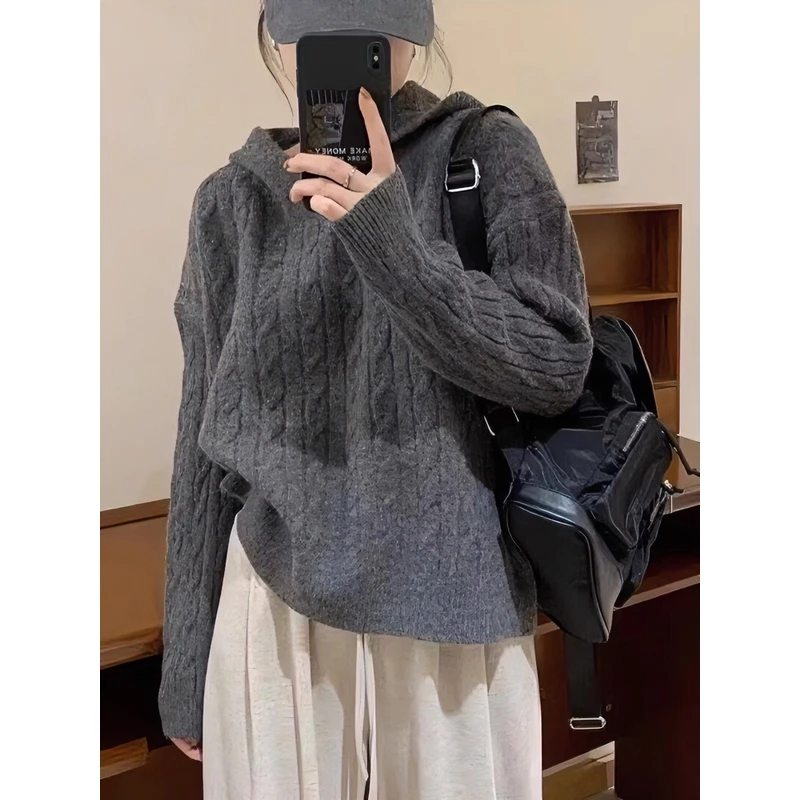 灰色麻花连帽毛衣女早春新款大衣内搭宽松休闲百搭软糯针织衫卫衣
