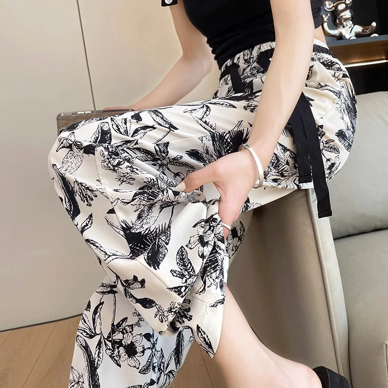 小个子150夏季羽毛扎染气质休闲阔腿裤女145直筒垂感冰丝凉凉裤xs