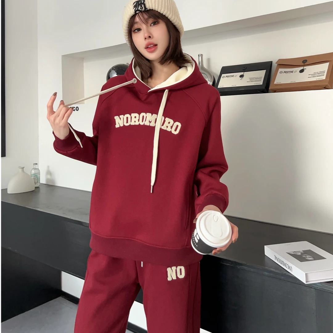T077冬季新款加绒休闲时尚韩版刺绣字母连帽宽松运动套装24-198