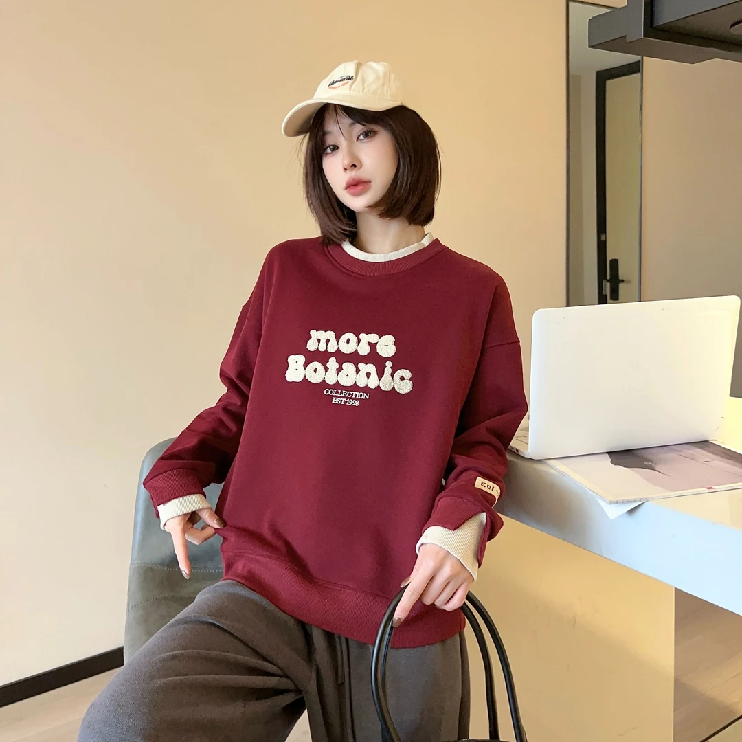 Y191冬季新款韩版时尚潮流加绒加厚毛巾绣字母女士宽松圆领卫衣