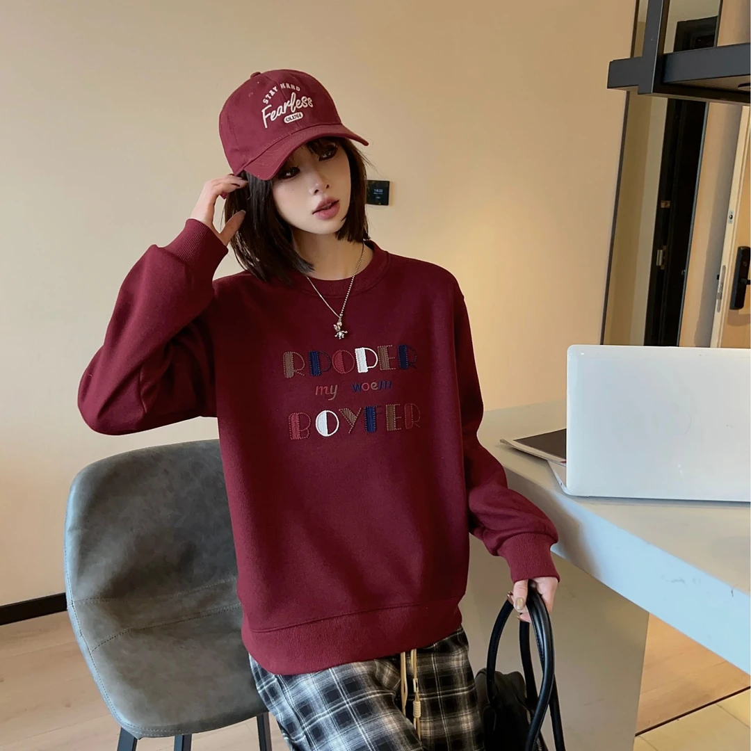 Y265冬季新款加绒韩版时尚袖子多色刺绣字母女士圆领卫衣24-192