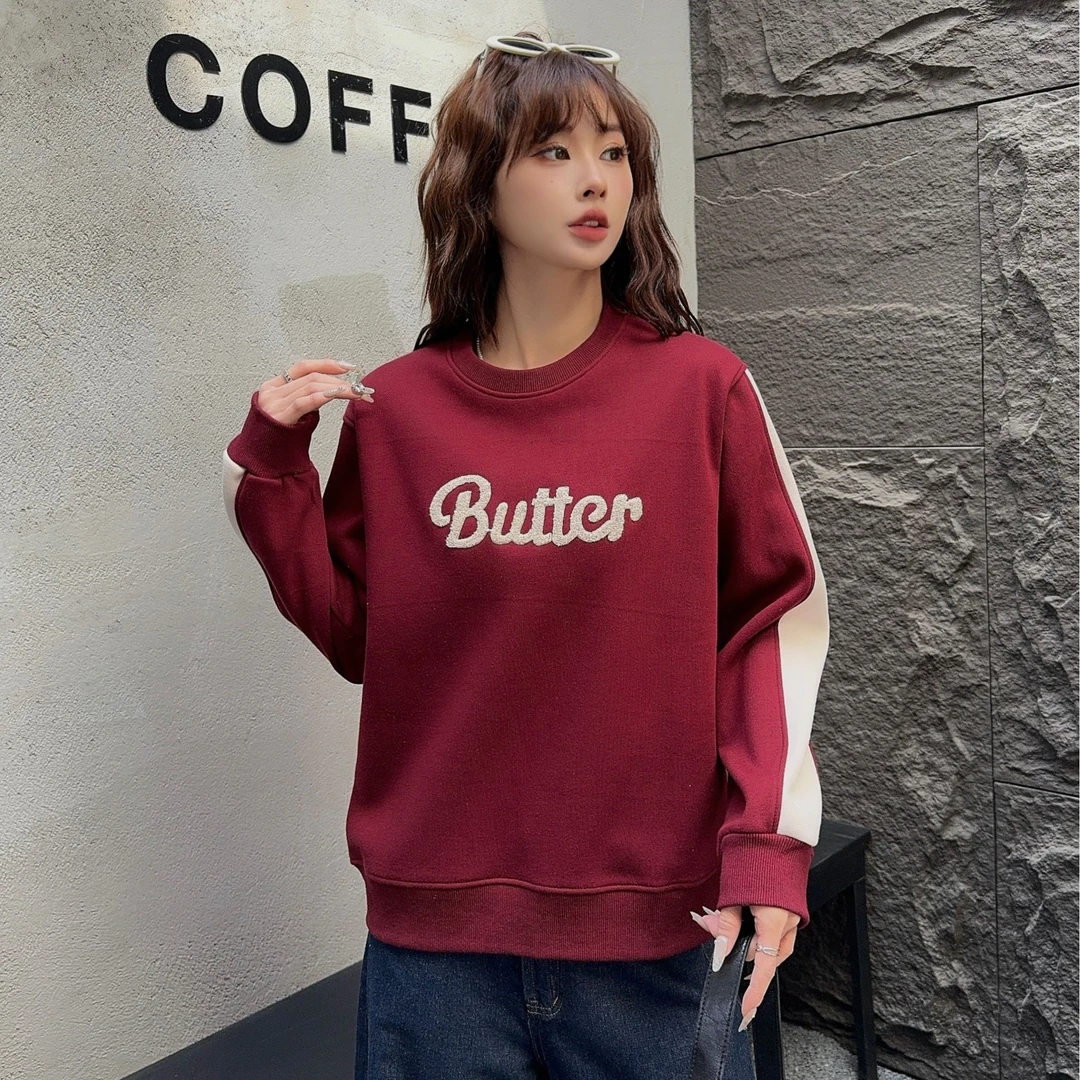 Y271冬款加绒新款休闲时尚韩版百搭毛巾绣字母女士卫衣24-206