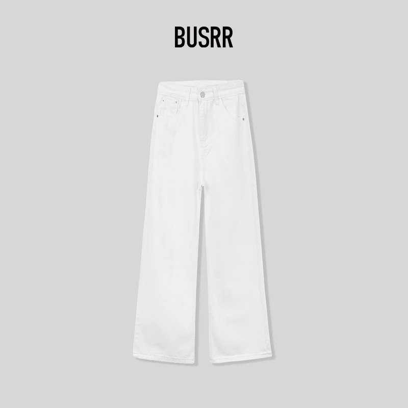 Busrr白色直筒牛仔裤女高腰2025新款春季小个子宽松阔腿百搭裤子