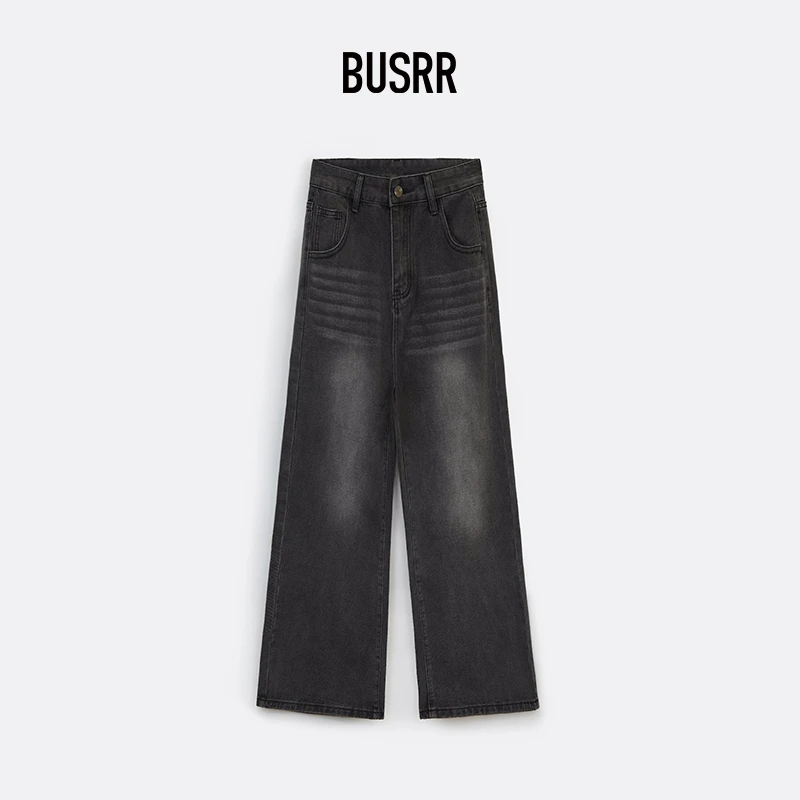 Busrr黑灰色美式复古牛仔裤女秋季高腰显瘦水洗宽松阔腿直筒裤子