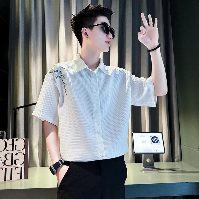新中式国风刺绣短袖衬衫男士雅痞修身华夫格衬衣休闲夏季半袖上衣