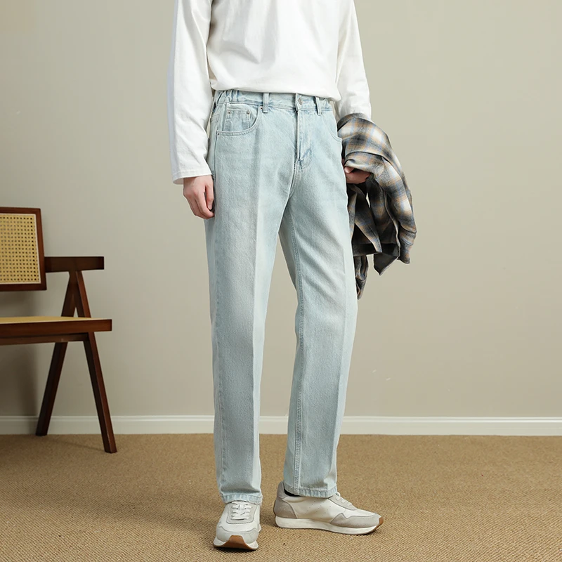 韩系穿搭水洗蓝修身牛仔裤男直筒裤春秋季ins百搭休闲松紧腰长裤