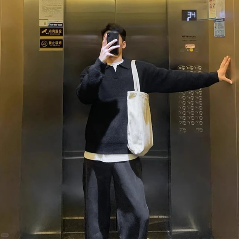 港风简约潮牌套头Polo领毛衣男款宽松高级感复古针织衫翻领上衣