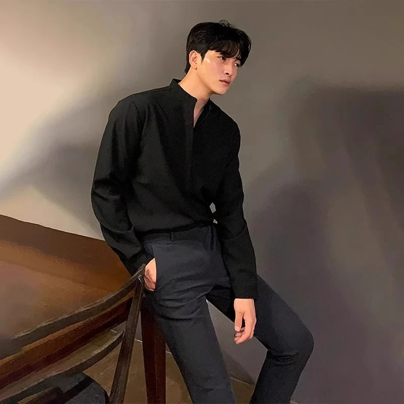 新中式立领黑色男士长袖衬衫春季痞帅宽松衬衣ins纯色男士衬衣