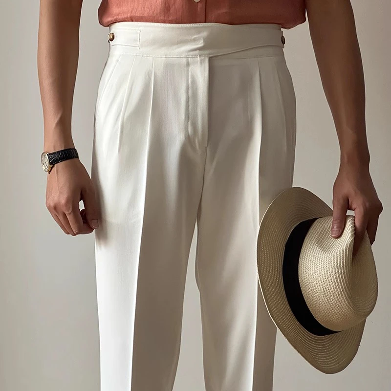 那不勒斯西裤纽扣式调节高腰西裤男春夏季休闲时尚免烫百搭长裤