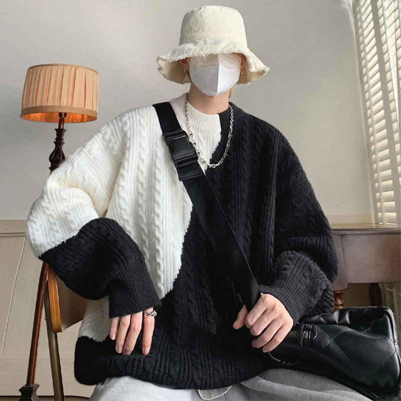 黑白不对称拼接麻花毛衣男款慵懒风复古宽松圆领长袖毛衣针织衫男