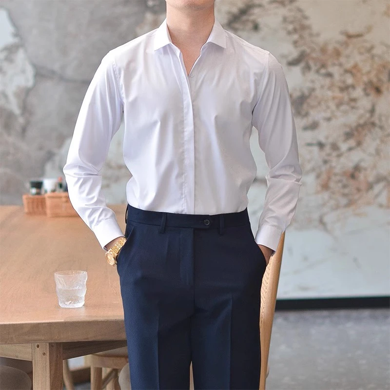 轻熟高级感免烫尖领白色衬衫男修身职业正装结婚韩版痞帅休闲衬衣