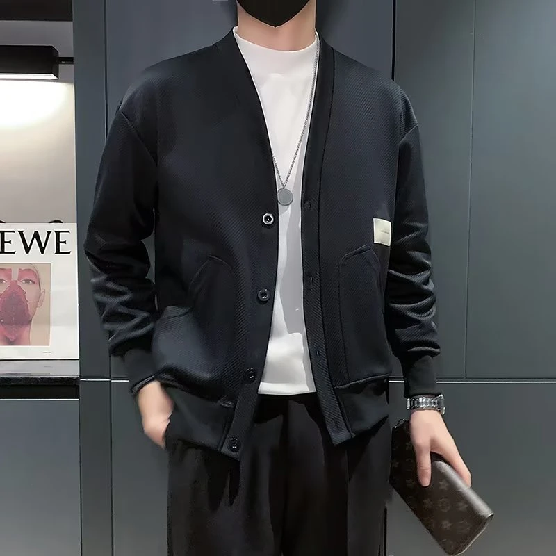 秋季男士夹克外套高级感V领针织卫衣开衫韩版修身时尚百搭棒球服