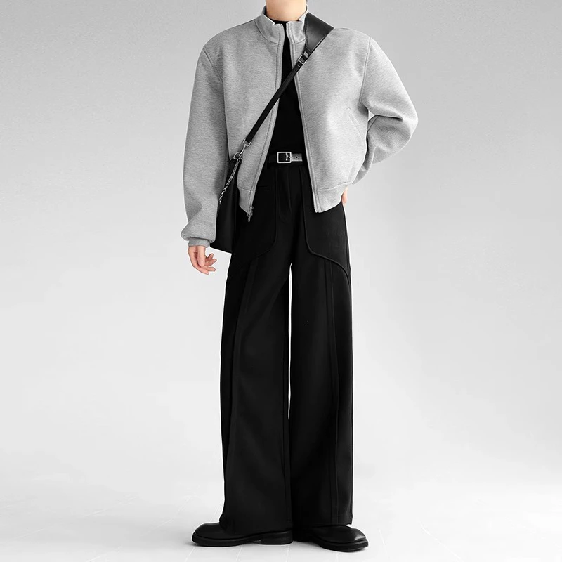 高级感立体拼接厚款西裤男士冬季宽松直筒休闲百搭毛呢长裤阔腿裤