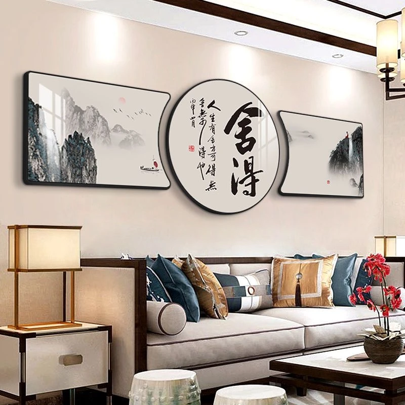 新中式客厅沙发书房背景壁画三联装饰画舍得山水办公室 画风雨