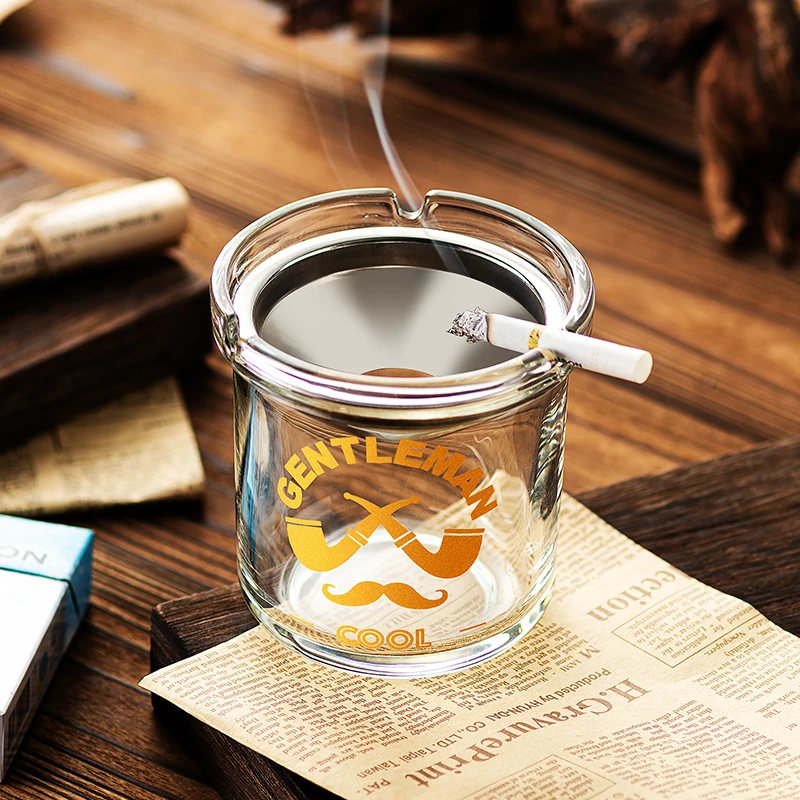 紫山竹玻璃烟灰缸创意个性潮流家用客厅时尚带盖烟缸办公室防飞灰