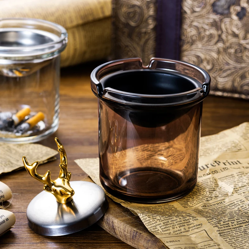 紫山竹带盖子漏斗烟灰缸加厚玻璃防飞灰家用卧室办公室创意烟缸