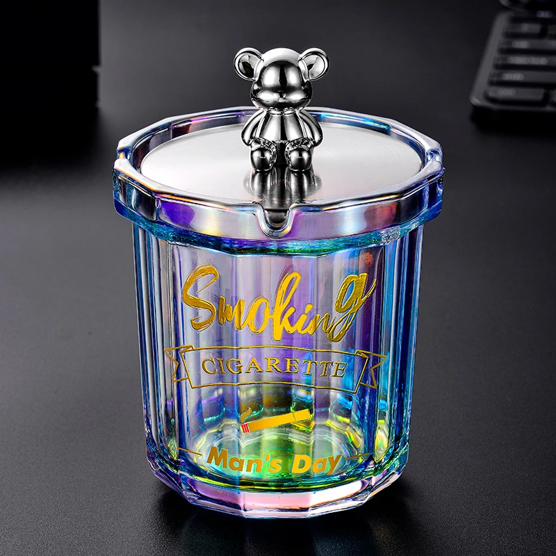 紫山竹小熊盖子烟灰缸带盖防飞灰家用客厅创意个性轻奢办公室烟缸