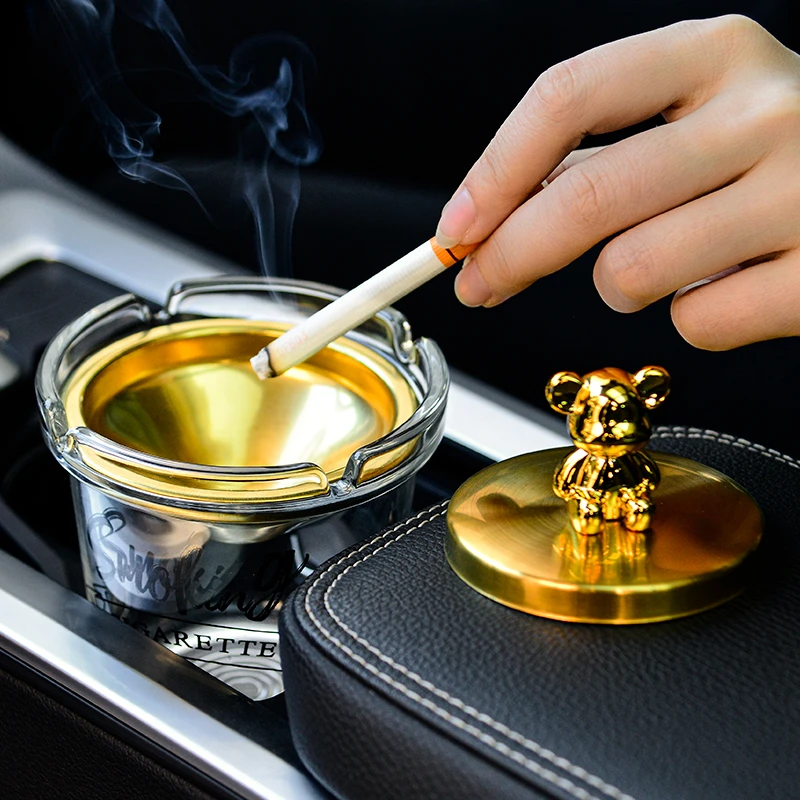 紫山竹汽车载烟灰缸创意多功能带盖子男车用高级感家用客厅加厚