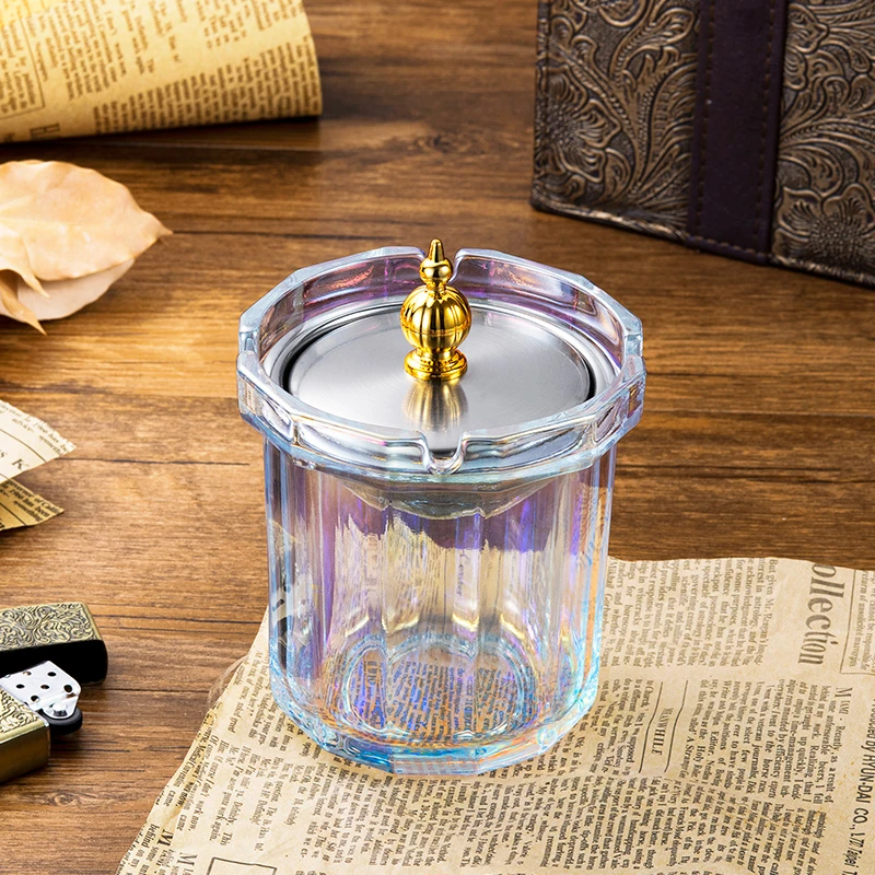 紫山竹创意烟灰缸家用品牌漏斗防飞灰带盖办公室玻璃款式个性防风