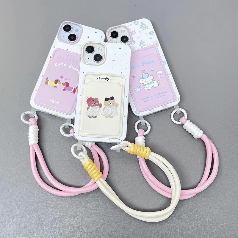 卡通彩色波点狗狗卡包短绳适用手机壳苹果/华为/vivo/oppo/小米