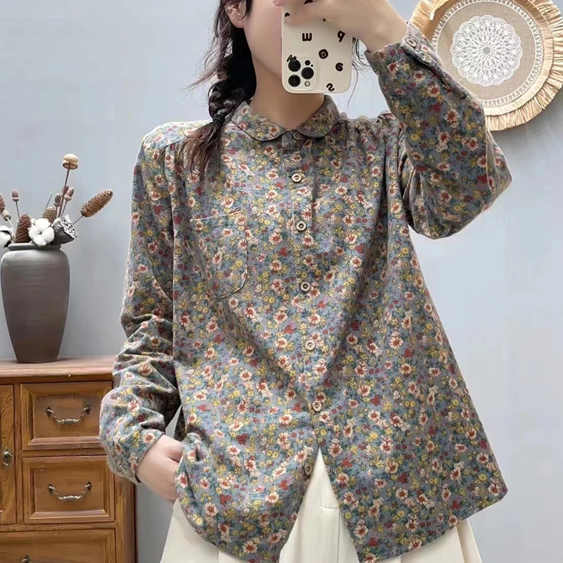 省钱风秋冬优雅减龄衬衫气质中年女开衫百搭棉纱女衬衣花上衣8246