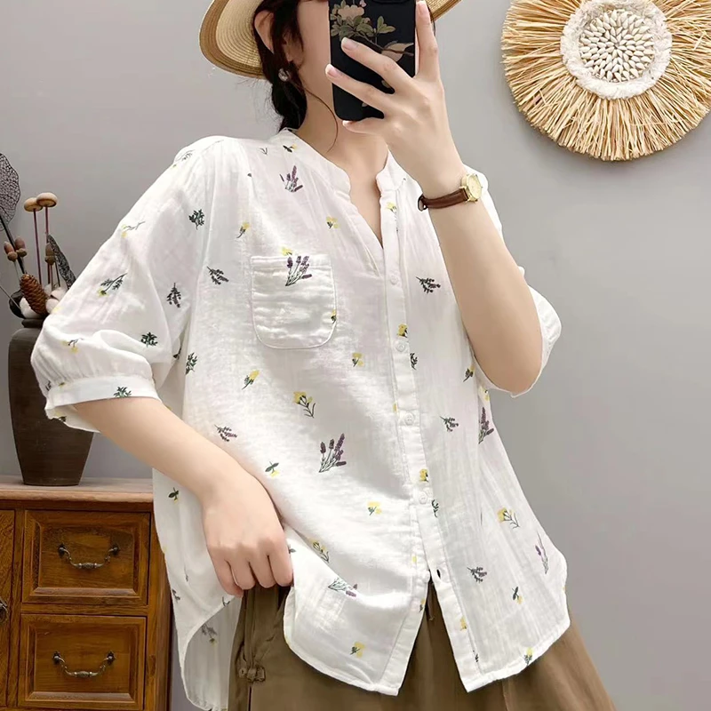 夏季双层棉纱碎花衬衫减龄大码中袖衬衣时尚减龄休闲上衣女装6541