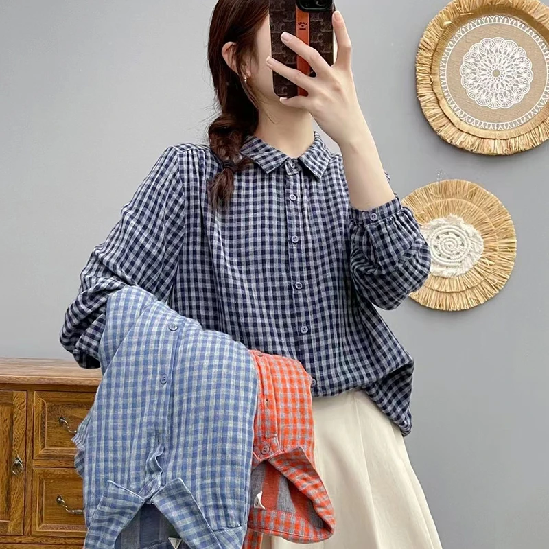 2023秋冬新款格子衬衫时尚中年女气质开衫减龄百搭衬衣大码8822