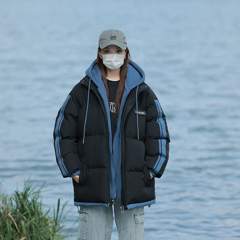 韩版假两件连帽棉衣男女同款冬季潮流加厚宽松保暖情侣棉服-M082