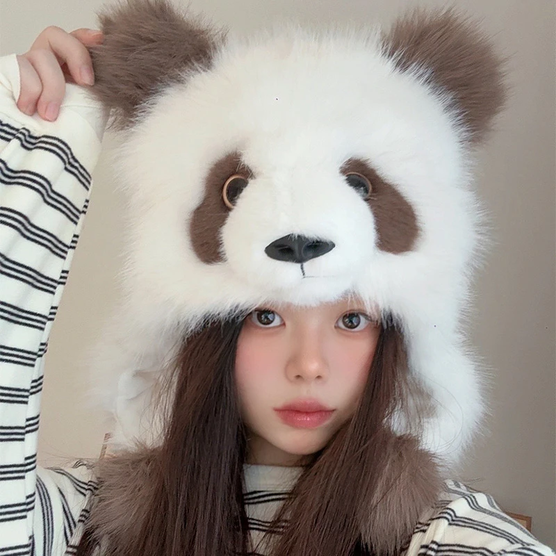 可爱卡通大熊猫毛绒帽子女2024年秋冬季显脸小加厚保暖护耳雷锋帽