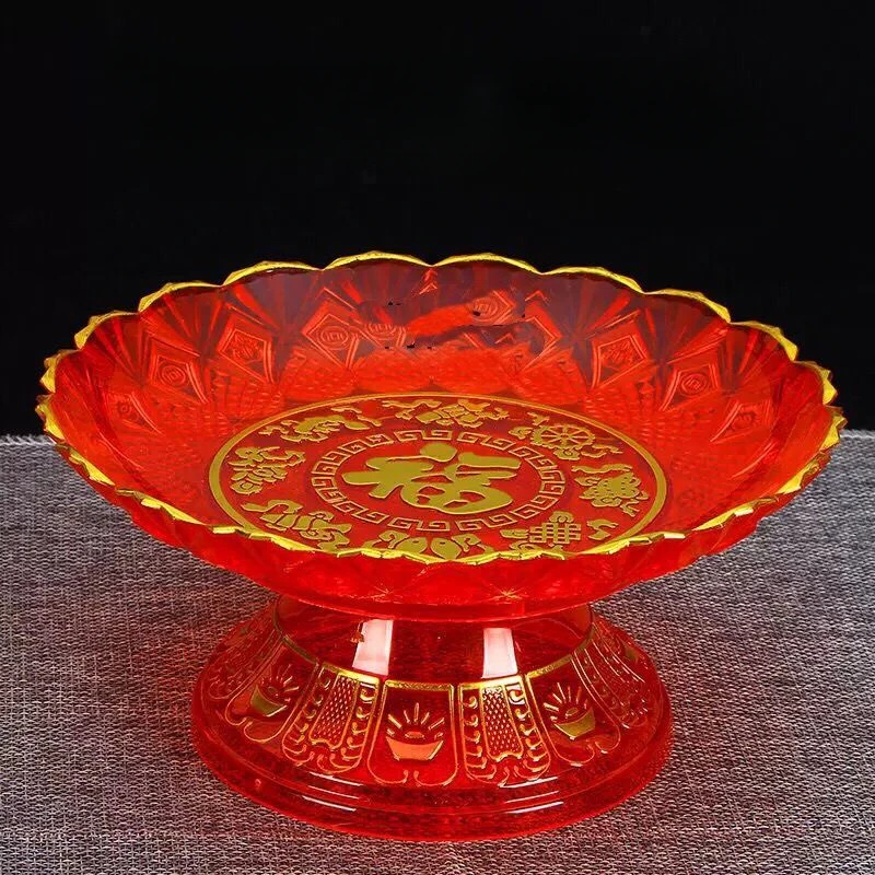 水晶塑料供盘福字招财进宝红色塑料水晶果盘财神观音贡盘莲花供盘