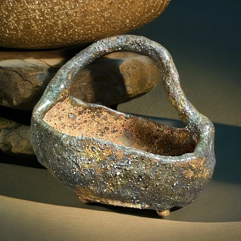 陶瓷手作提篮多肉花盆复古花盆常青藤韩盆块根植物盆石生花盆