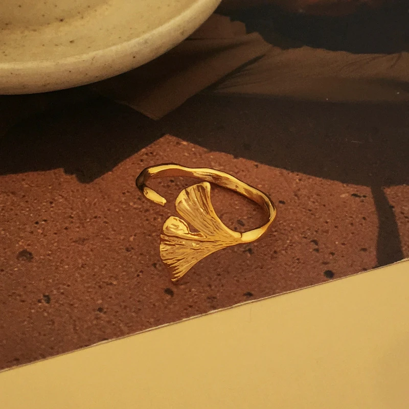 铜镀金银杏叶个性开口指环简约造型戒指3001