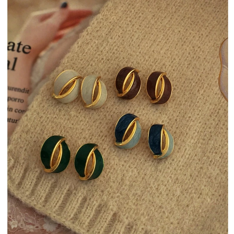 铜合金珐琅耳饰 百搭法式简约文艺铜镀金银针滴油弧形耳钉8090
