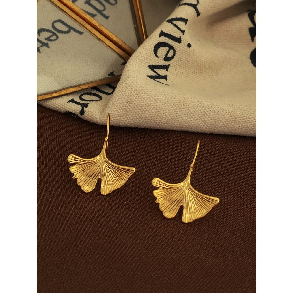 铜合金耳饰 ins风复古国潮银杏叶简约个性耳坠8008