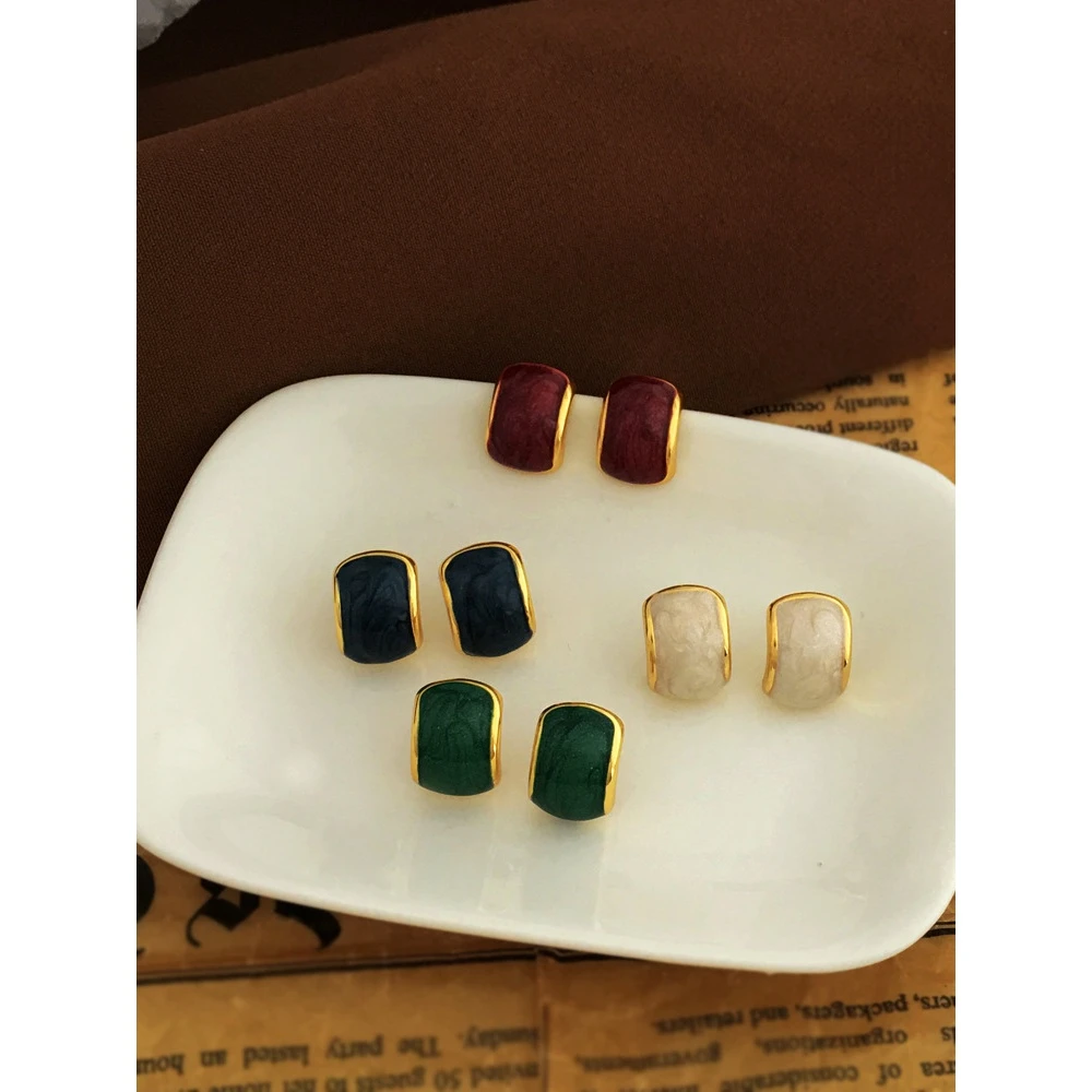 铜合金珐琅耳饰 铜镀金S银针简约复古几何滴油耳钉8071