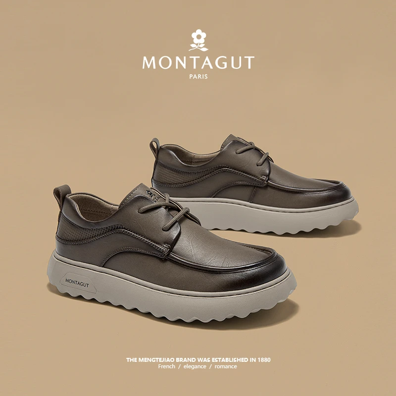 Montagut/梦特娇春秋季男士时尚潮流厚底软底软面英伦风商务皮鞋