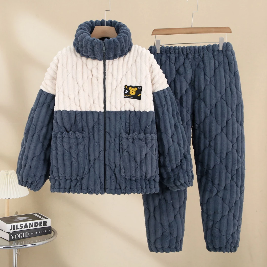 男士冬季三层夹棉加厚加绒时尚立领保暖睡衣套装巨厚实可外穿