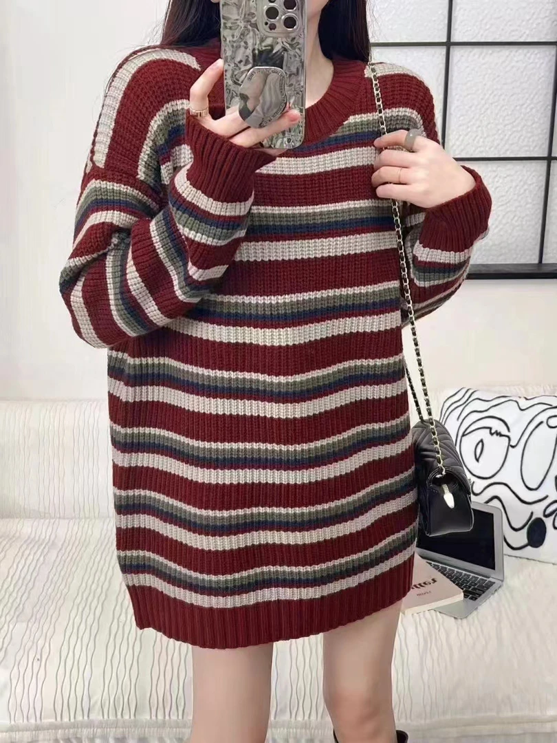 撞色条纹毛衣秋冬宽松显瘦中长款圆领套头上衣女