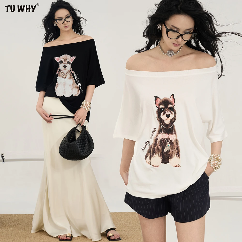 TU WHY“漂亮小狗”大领一字肩慵懒短袖T恤新款中袖