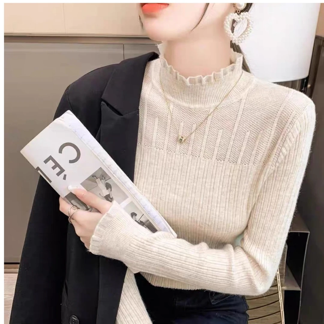 蕾丝半高领镂空针织洋气打底衫女纯色2023气质新款修身毛衣套头
