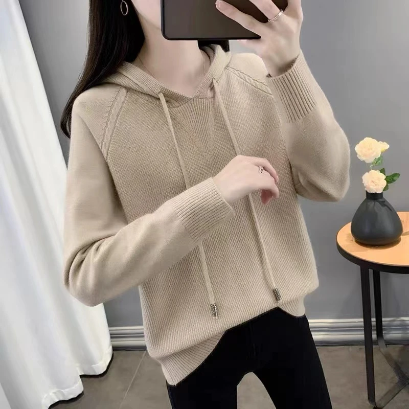 连帽毛衣女宽松2023年秋装新款韩版时尚百搭针织衫卫衣纯色上衣潮