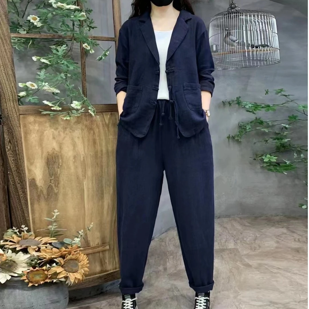 贺小黑 春秋新款亚麻休闲西装长袖上衣外套哈伦裤长裤套装女