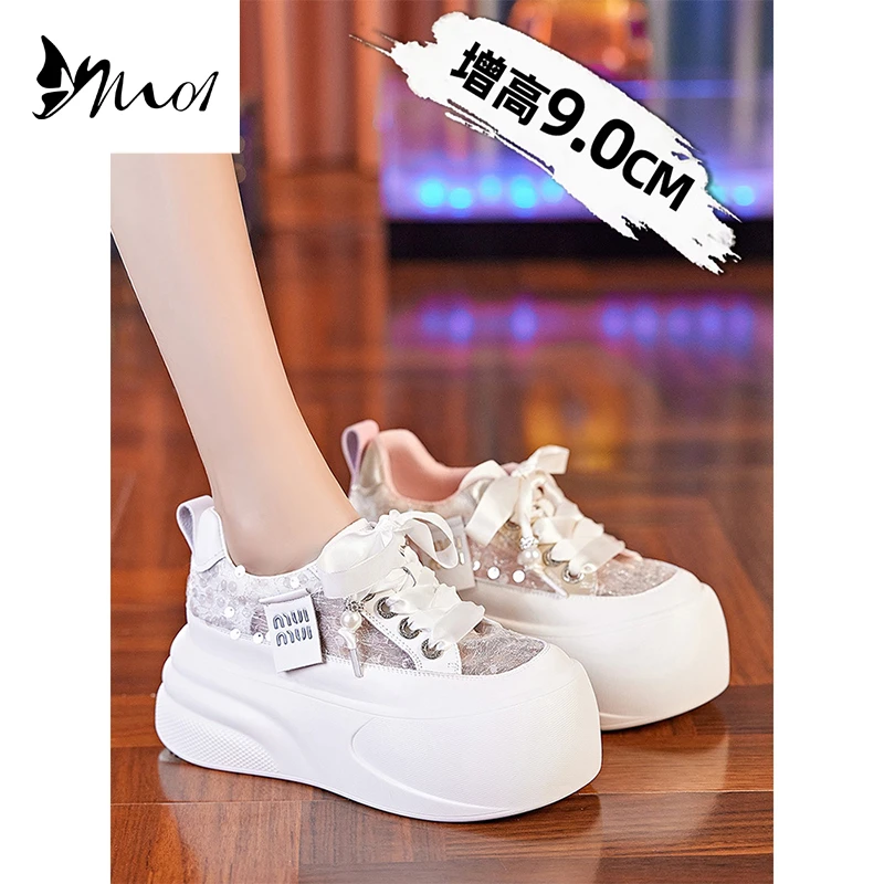 M01厚底板鞋女2025春季新款透气网纱矮子乐小白鞋软底内增高女鞋
