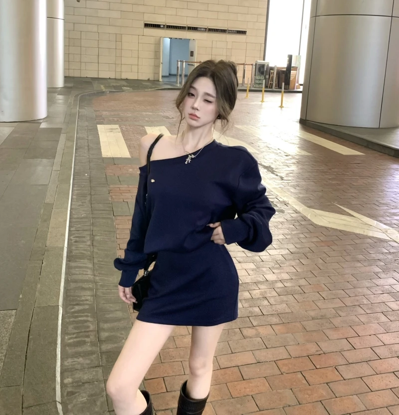 【JUZI~】美式复古斜肩领卫衣裙时尚宽松百搭露肩连衣裙小众新款女