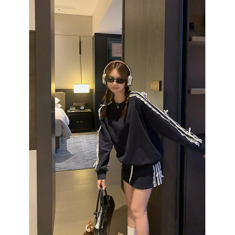 美式复古蝴蝶结卫衣套装女春秋2024新款宽松慵懒风半身裙两件套潮