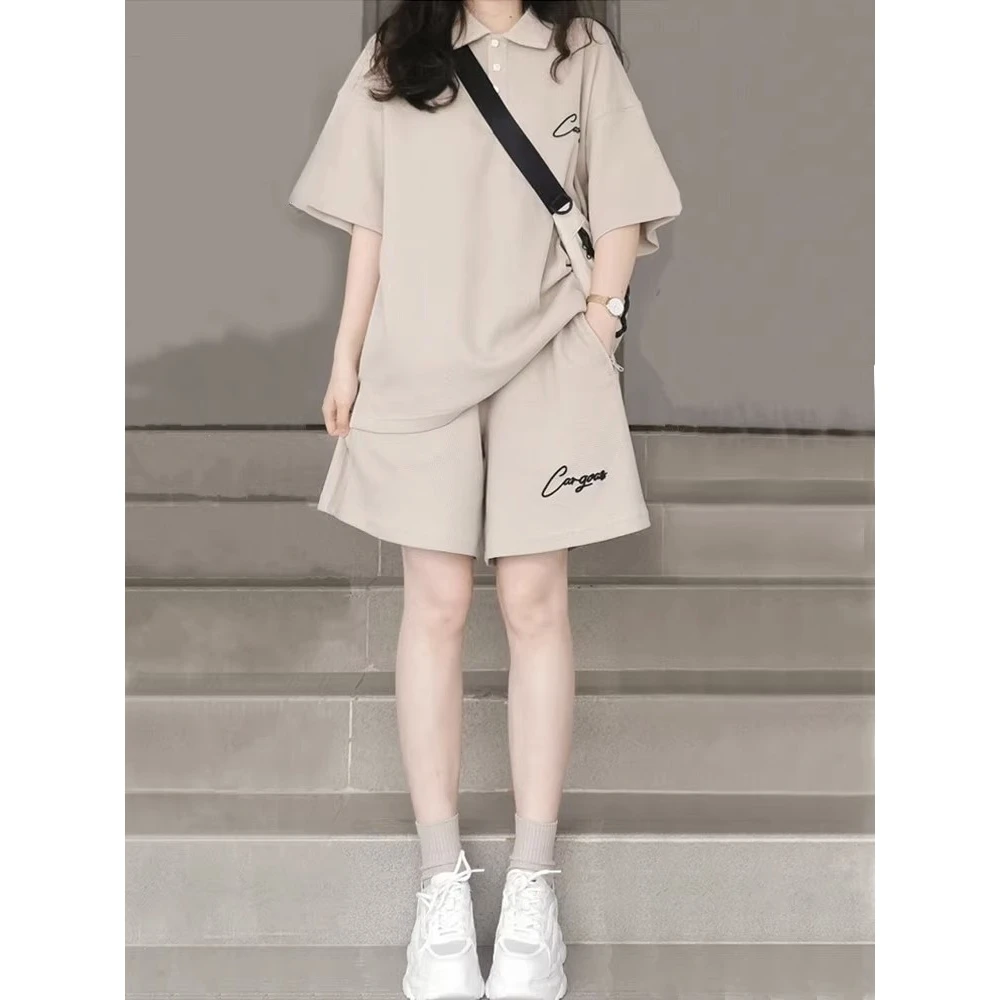 美式少女学院风运动服套装女夏季休闲宽松短袖Polo衫短裤两件套潮